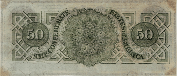 1862 Confederate States of America $50 T-52 Reverse View