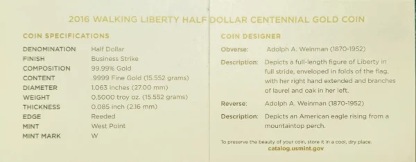 2016 W Walking Liberty Gold Commemorative COA