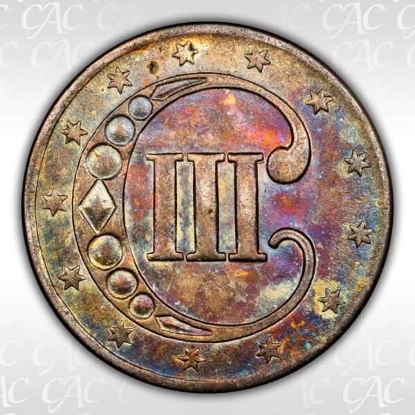 1852 Three Cent Silver Toned CAC MS61 Reverse View