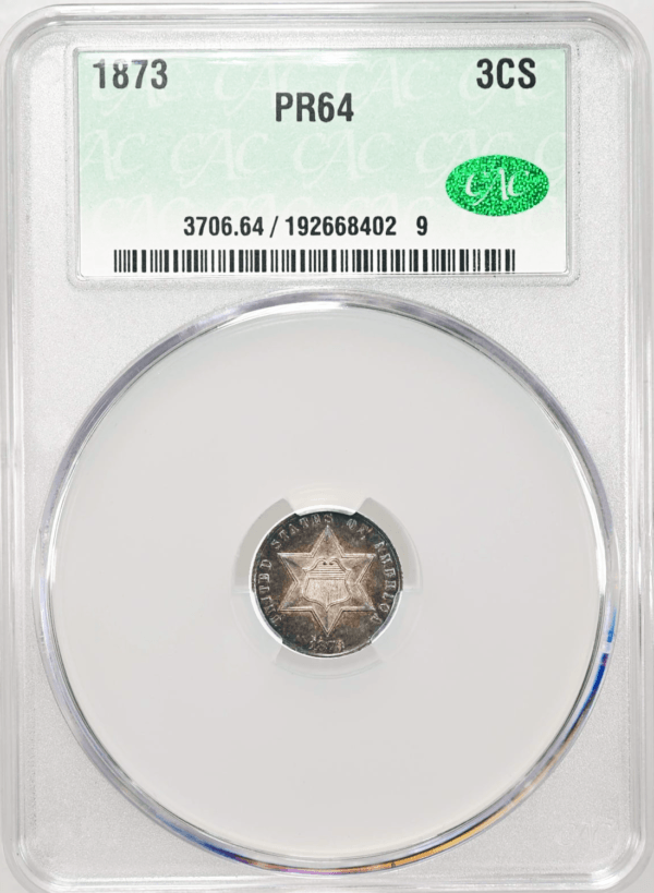 1873 Proof Three cent Silver, Last Year Obverse Holder View