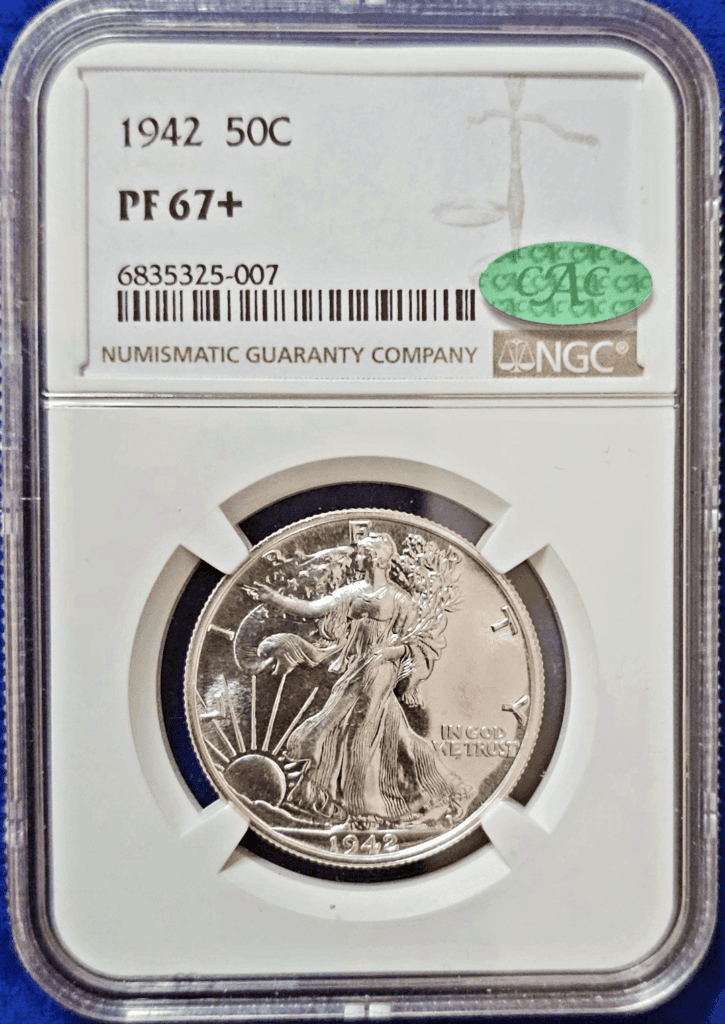 1942 half-dollar coin graded PF 67+, NGC-certified with green CAC sticker in holder.