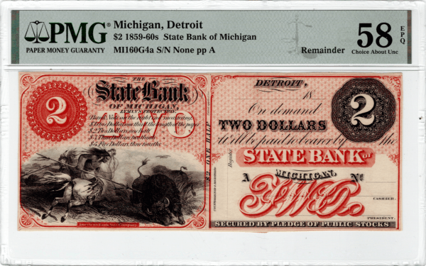 Detroit Michigan 1859 $2 Remainder PMG AU58 EPQ