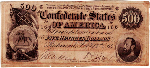 1864 Confederate States of America $500 note T-64 Obverse