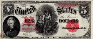 1907 U.S. five-dollar bill; intricate design, portrait left, figures and dog right, serial visible.