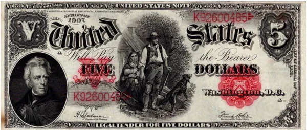 1907 U.S. five-dollar bill; intricate design, portrait left, figures and dog right, serial visible.