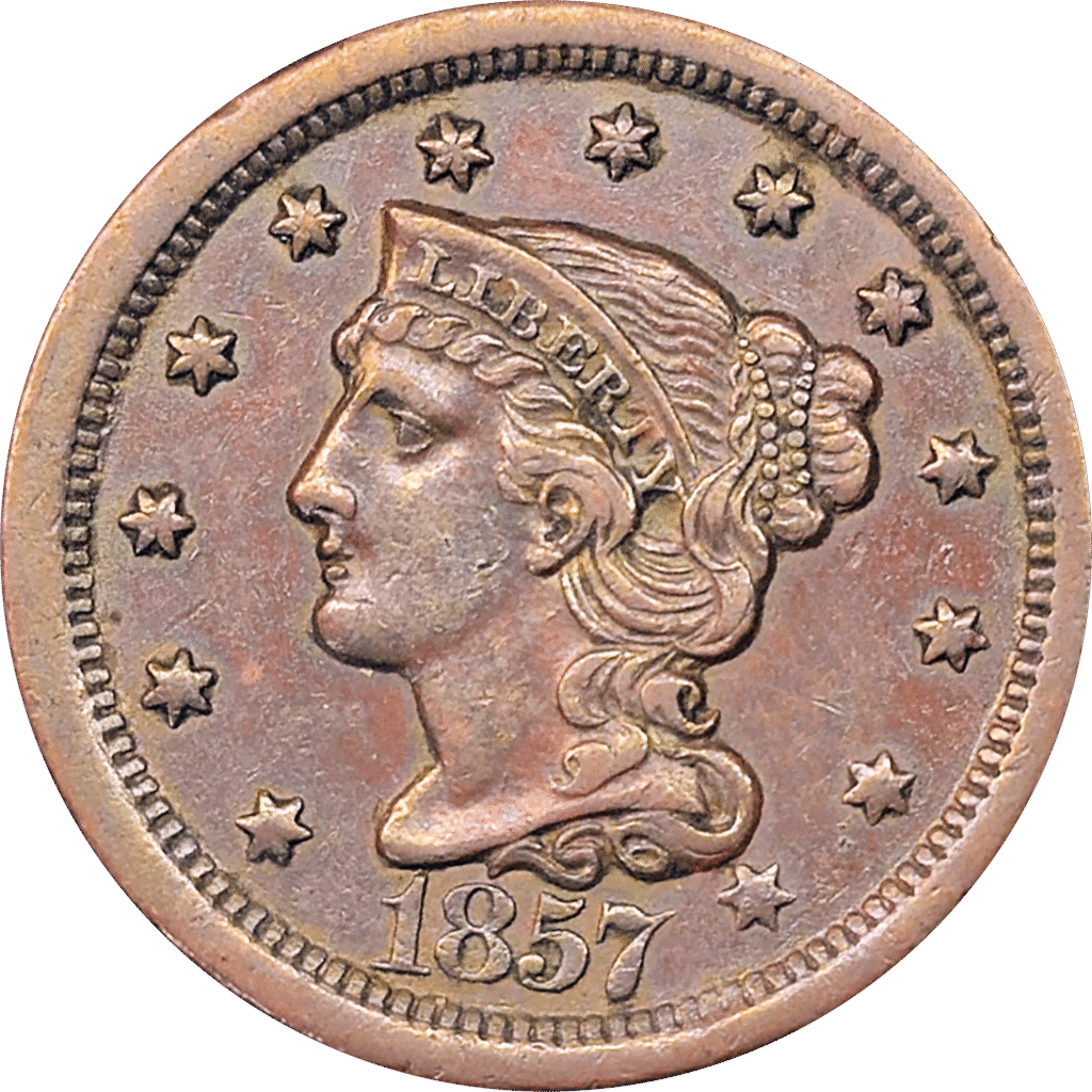1857 Large Date Braided Hair Large Cent Brown