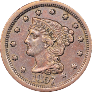 1857 Large Date Braided Hair Large Cent Brown