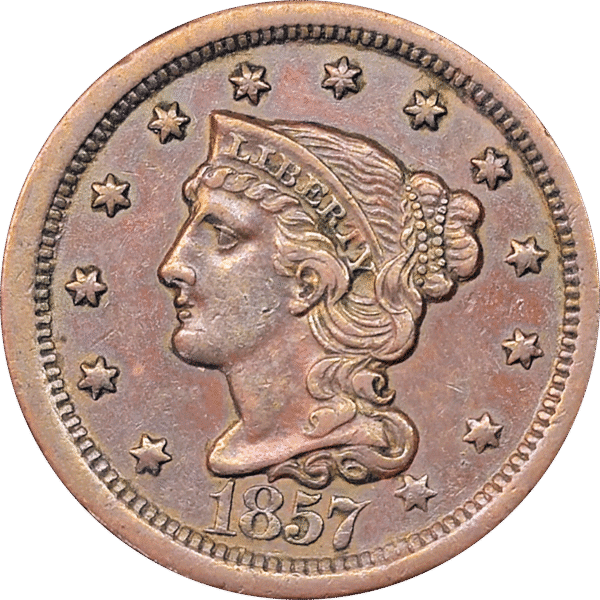 1857 Large Date Braided Hair Large Cent Brown