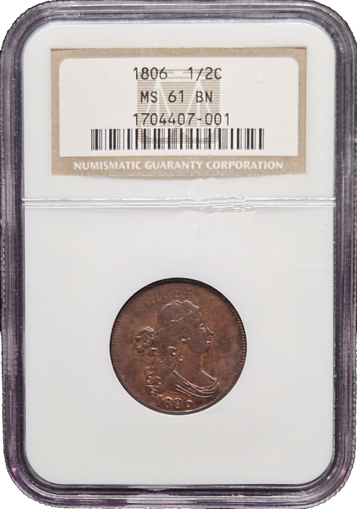 1806 Draped Bust Half Cent Rotated Reverse NGC MS61