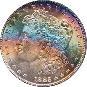 1885 Morgan Dollar Rainbow Toned PCGS MS64