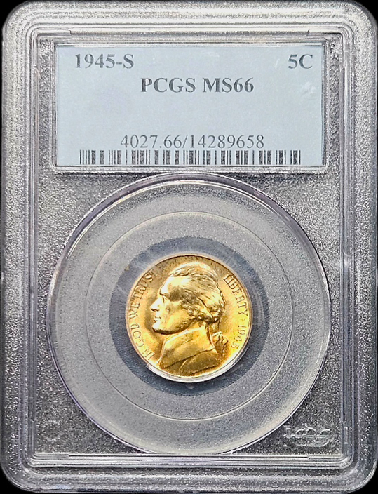 1945 S Toned War Nickel PCGS MS66