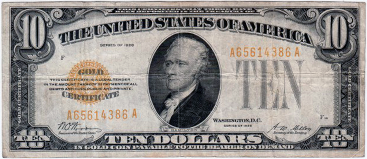 Fr2400 Series of 1928 $10 gold certificate