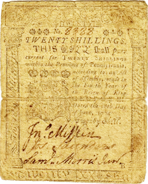 1764 Pennsylvania Colonia Twenty Shilling Note printed by Franklin and Hall