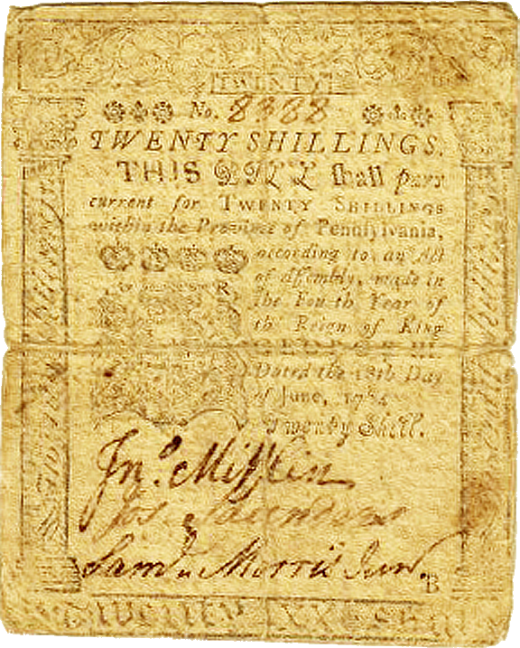 1764 Pennsylvania Colonia Twenty Shilling Note printed by Franklin and Hall