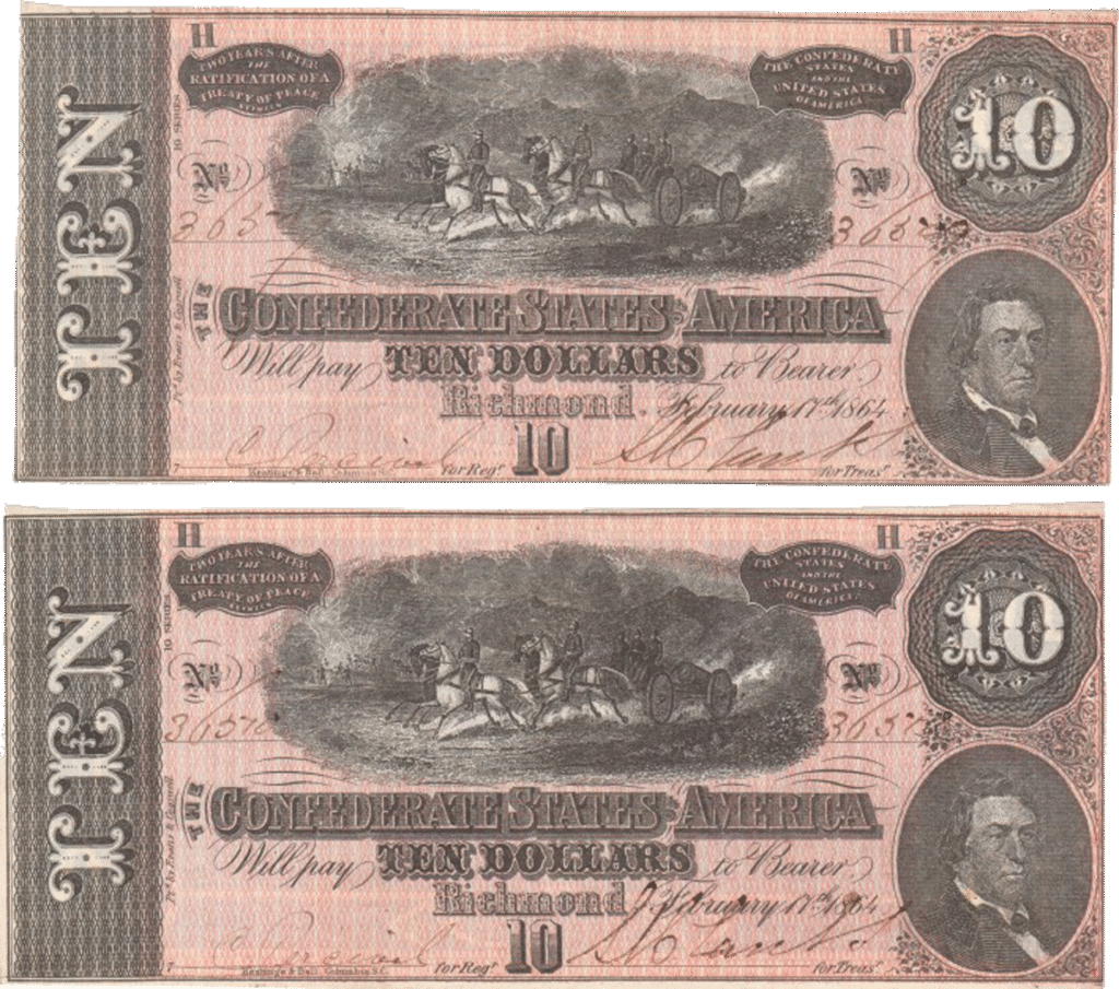 T68 Confederate $10 notes with consecutive serial numbers
