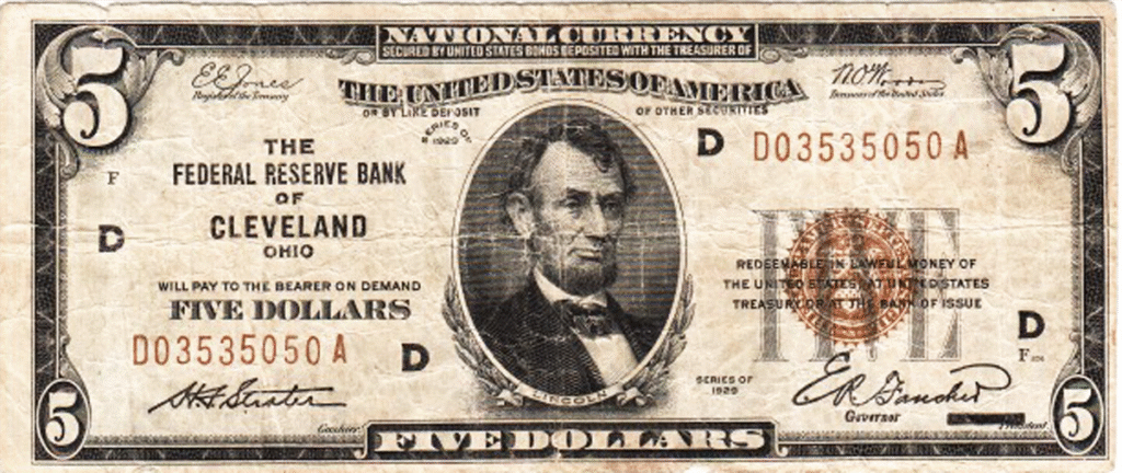 $5 Federal Reserve Bank of Cleveland Brown Seal