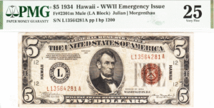 1934 Series $5 Hawaii Mule WWII Emergency Note PMG VF25