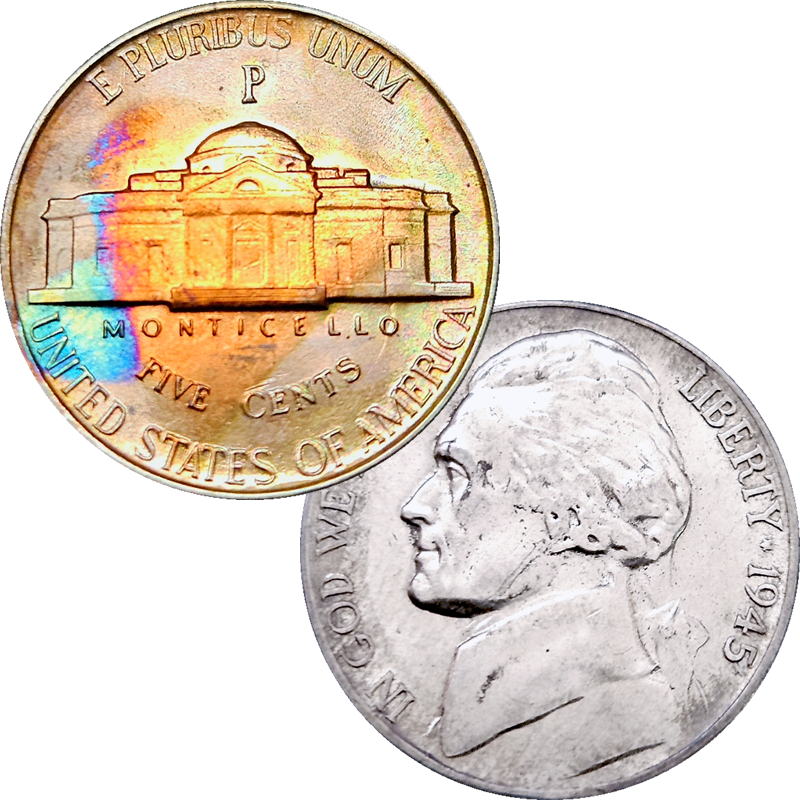 Rainbow toned 1945 P Jefferson War Nickel Obverse
