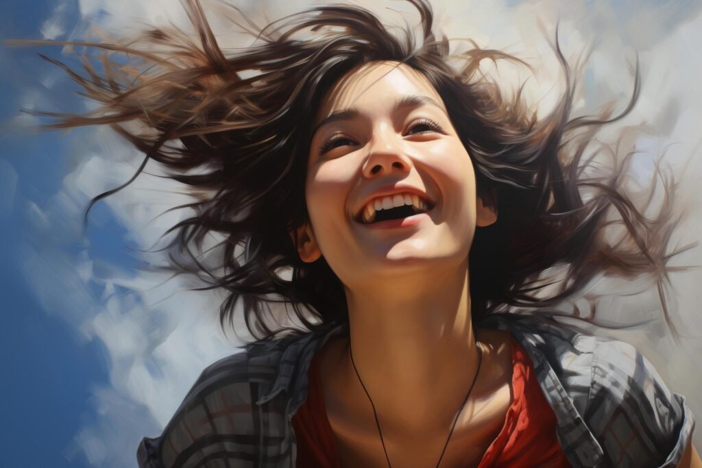 happy young woman with windblown hair