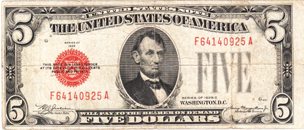 F-1528 $5 red seal legal tender note