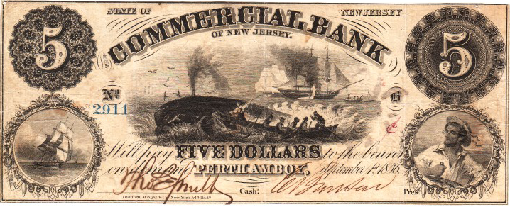 Perth Amboy $3 note with a whaling vignette